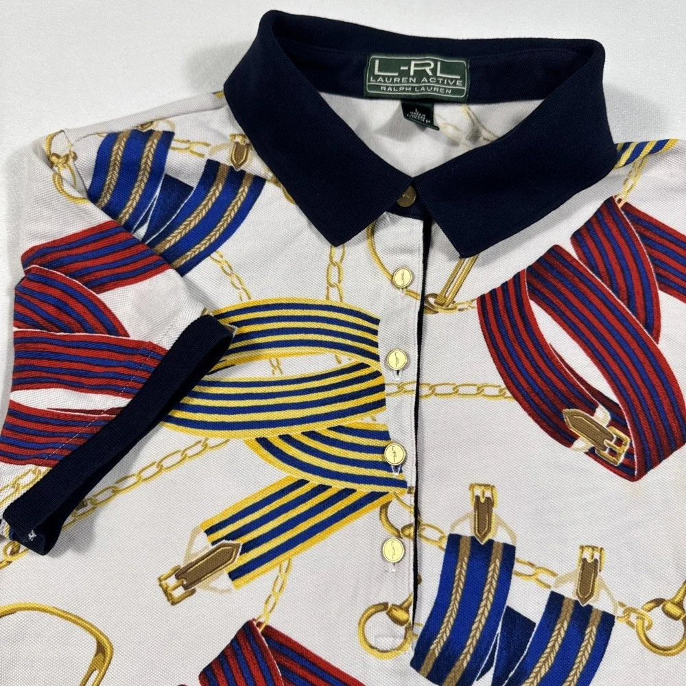 VTG Lauren Ralph Lauren Active Polo Shirt Women Large Equestrian Chain SS